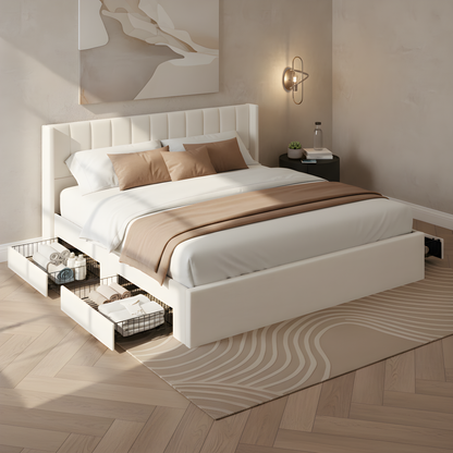 Large-capacity upholstered storage bed with drawers, white tufted headboard, beige bedding on Tampa Home & Garden Store