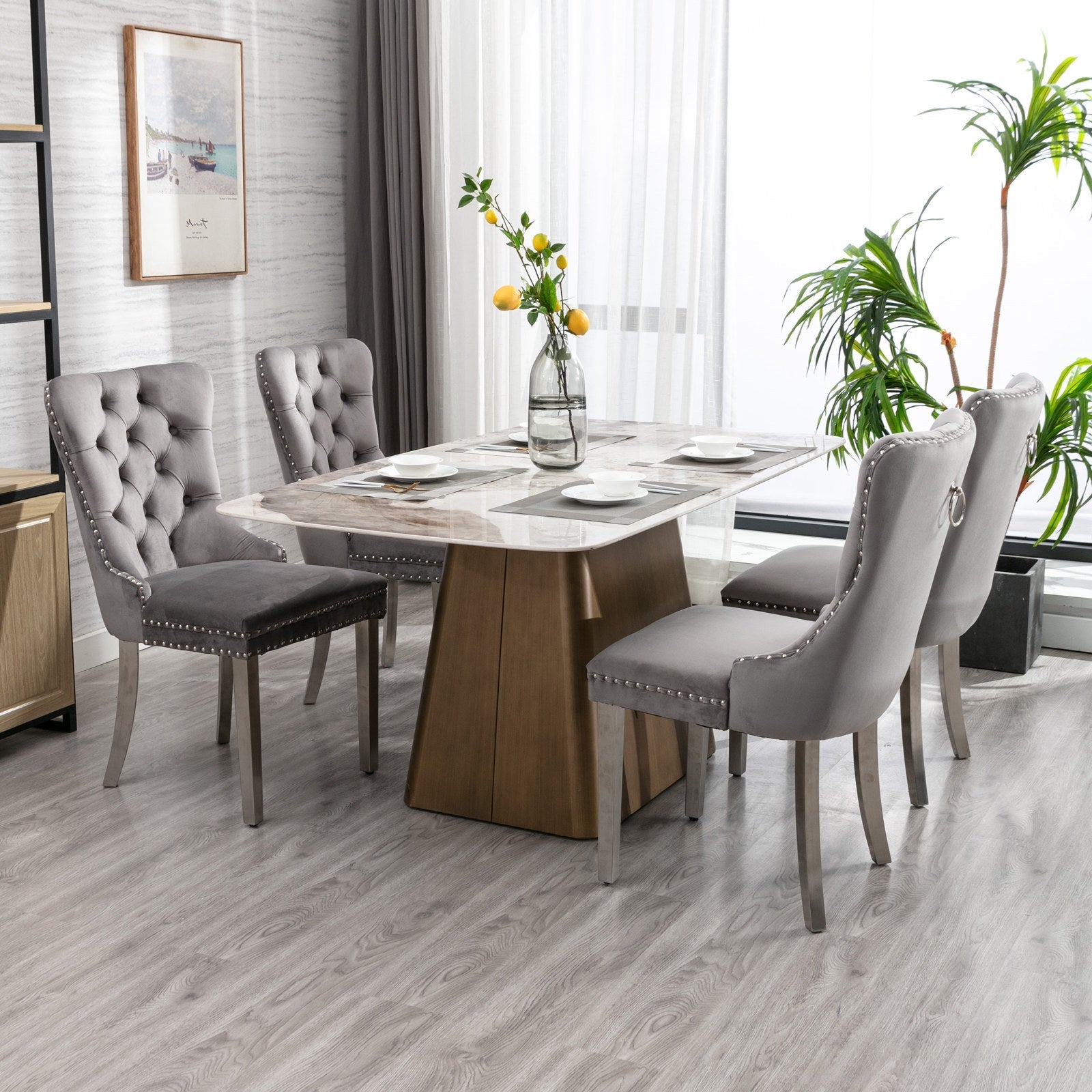 A&A Nikki velvet dining chairs set of 2 in gray with tufted backs and nailhead trim on Tampa Home & Garden Store