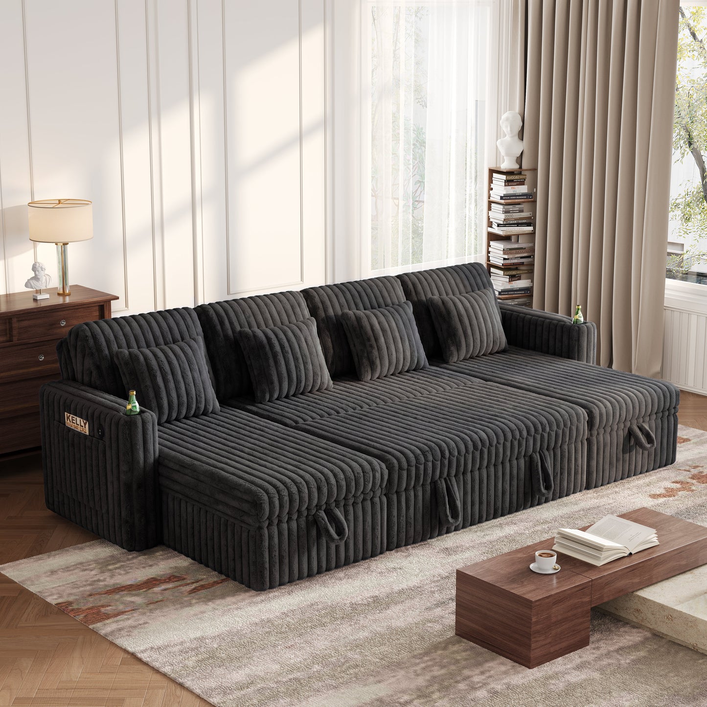 U Shaped Plush Corduroy Fluffy Sleeper Sectional Sofa dark gray with channel tufting on Tampa Home & Garden Store