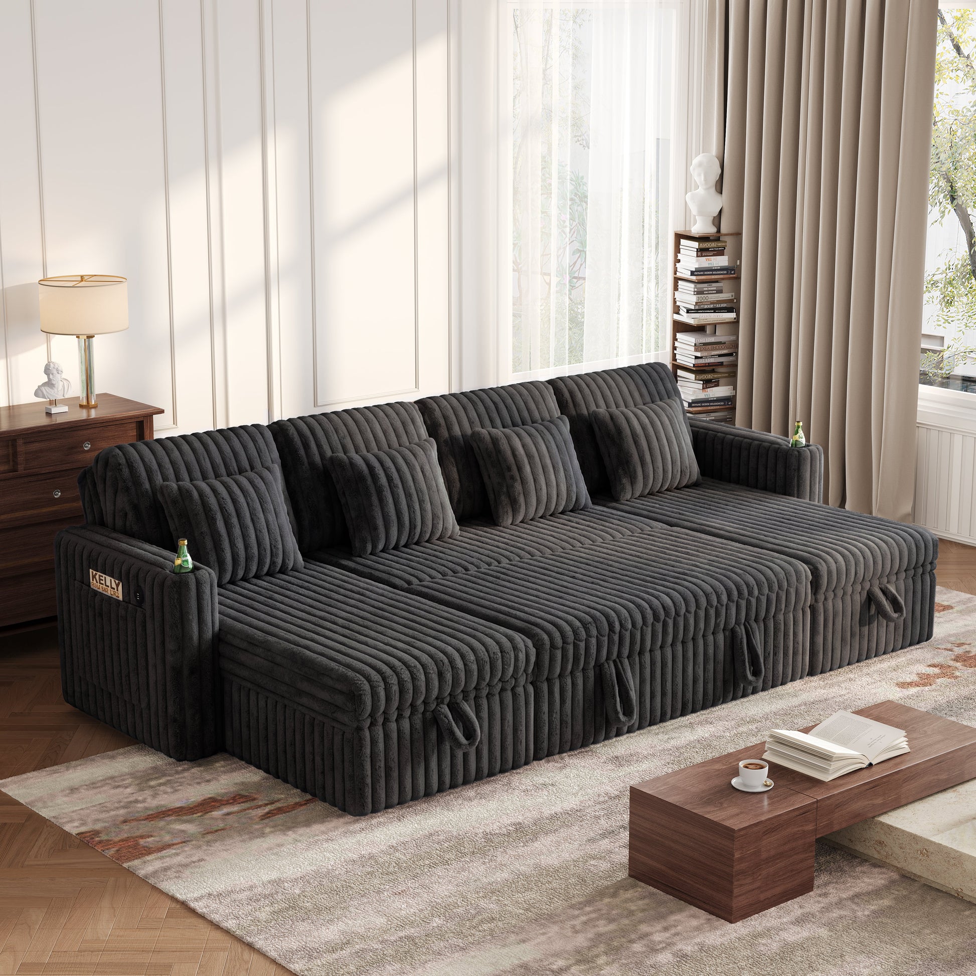 U Shaped Plush Corduroy Fluffy Sleeper Sectional Sofa dark gray with channel tufting on Tampa Home & Garden Store
