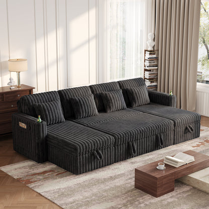 U Shaped Plush Corduroy Fluffy Sleeper Sectional Sofa dark gray with channel tufting on Tampa Home & Garden Store