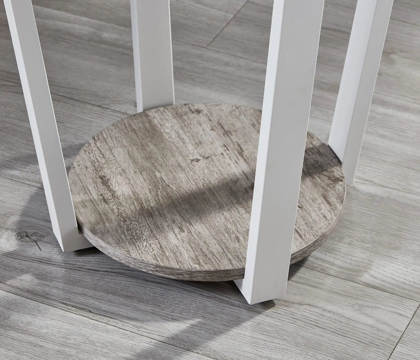 Elysian round end table with shelf in gray wood finish and white legs by Unique Piece Furniture on Tampa Home & Garden Store