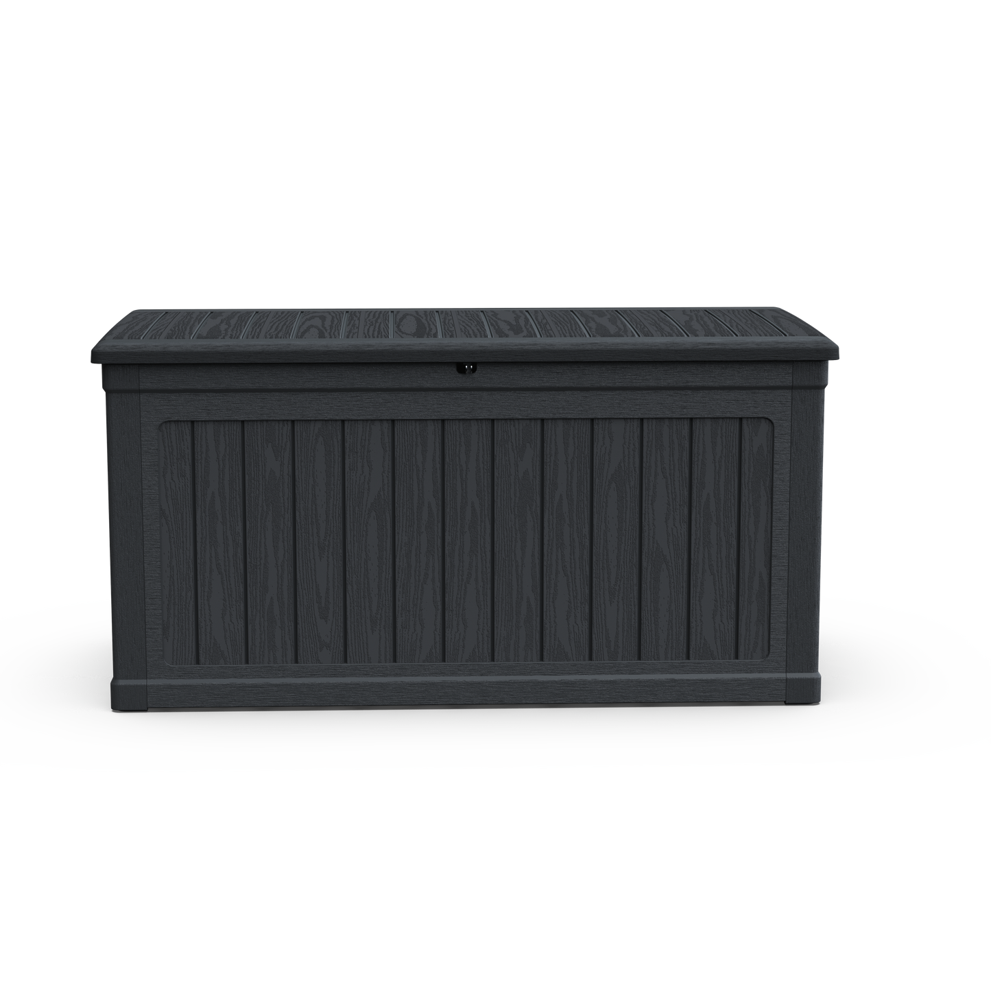 230 Gallon XXL Deck Box outdoor storage in dark gray with wood-grain panels and lockable lid on Tampa Home & Garden Store