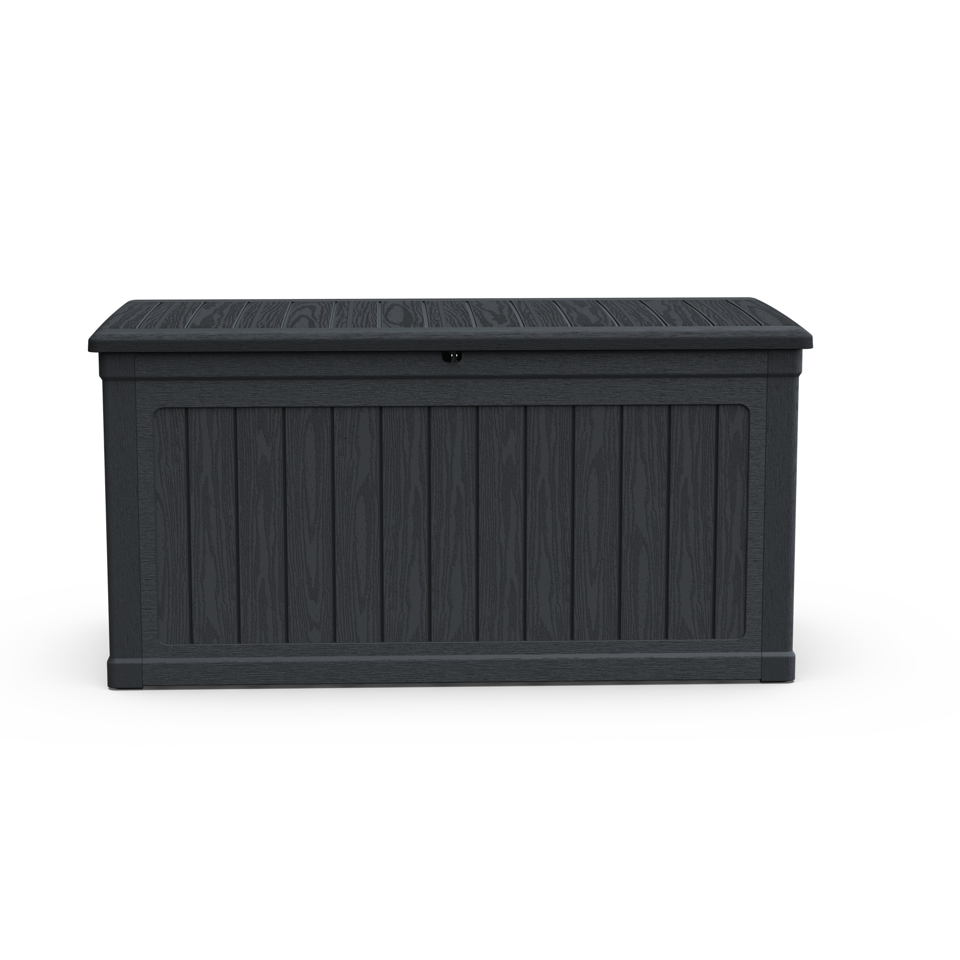 230 Gallon XXL Deck Box outdoor storage in dark gray with wood-grain panels and lockable lid on Tampa Home & Garden Store