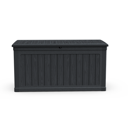 230 Gallon XXL Deck Box outdoor storage in dark gray with wood-grain panels and lockable lid on Tampa Home & Garden Store