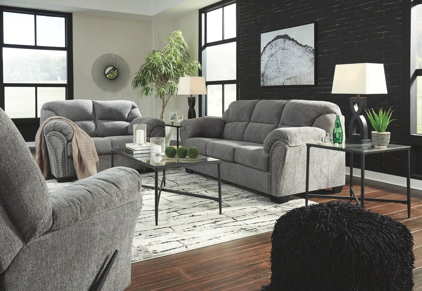 Allmaxx Living Room Set with grey stationary sofas and loveseats and glass coffee table on Tampa Home & Garden Store