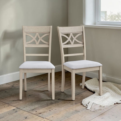 Antique gray side chairs with padded white cushions, decorative lattice back, set of 2 on Tampa Home & Garden Store