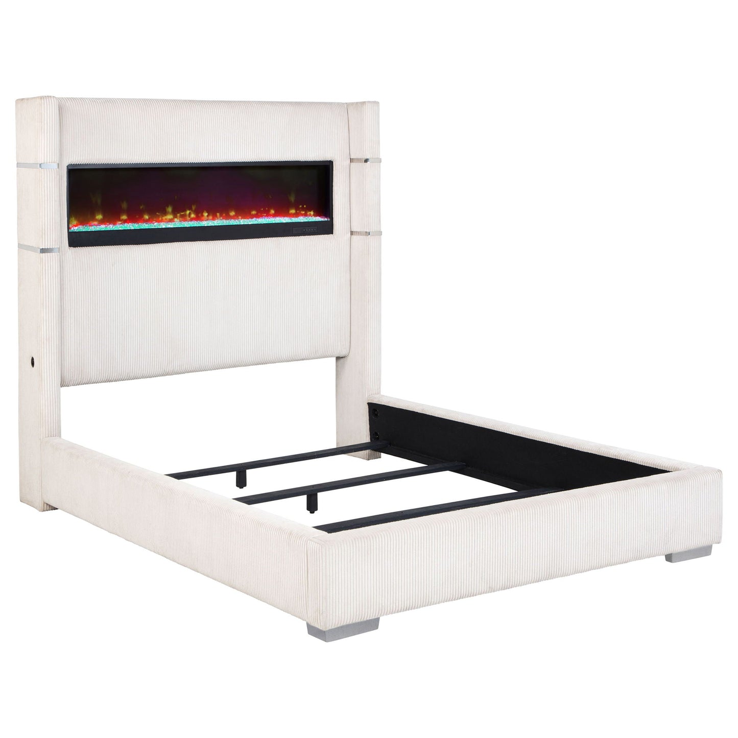Judah Flame Visualizer Bed cream upholstered headboard with built-in electric fireplace on Tampa Home & Garden Store