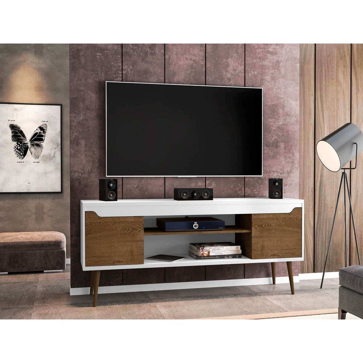 Mid-Century Modern TV Stand with solid wood splayed legs in white finish by HouseOfZazla on Tampa Home & Garden Store