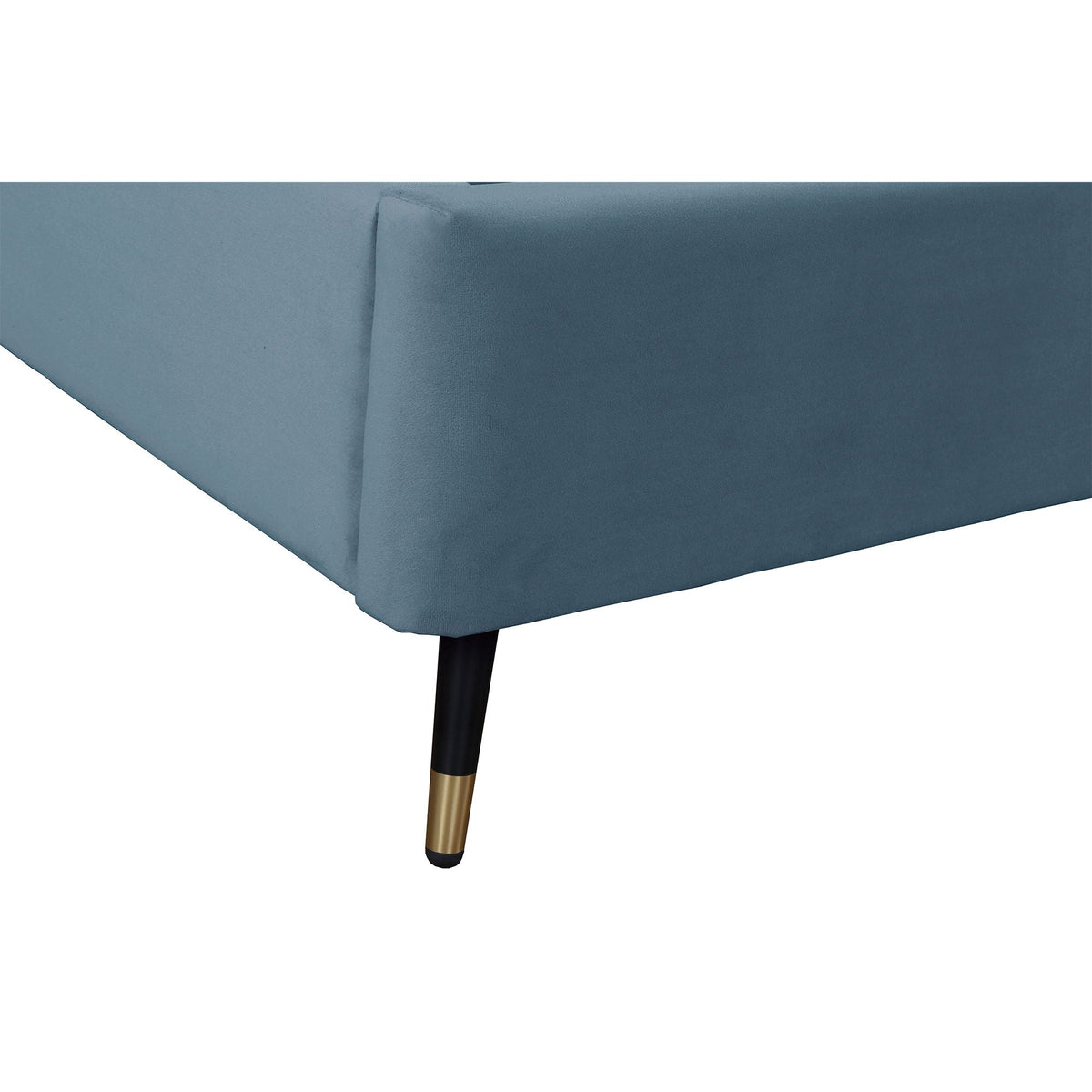 Crosby bed with upholstered headboard and slats in blue fabric, black tapered leg on Tampa Home & Garden Store