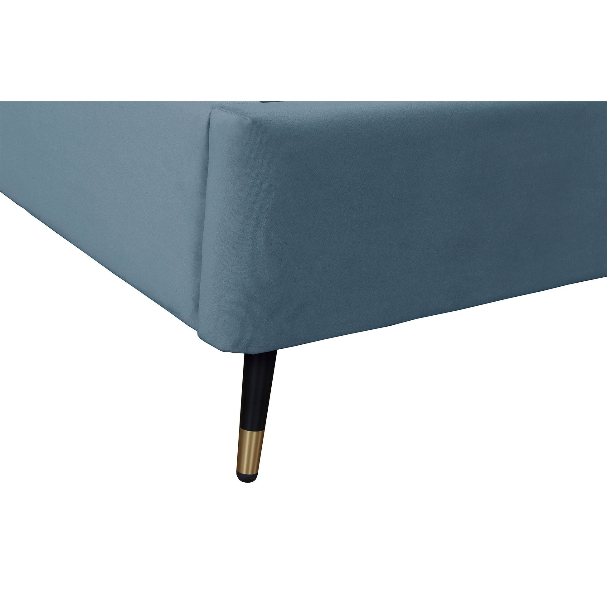 Crosby bed with upholstered headboard and slats in blue fabric, black tapered leg on Tampa Home & Garden Store