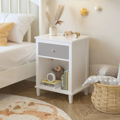Nightstand with 1 drawer 1 shelf white frame gray drawer front top vase and wooden toy car on Tampa Home & Garden Store