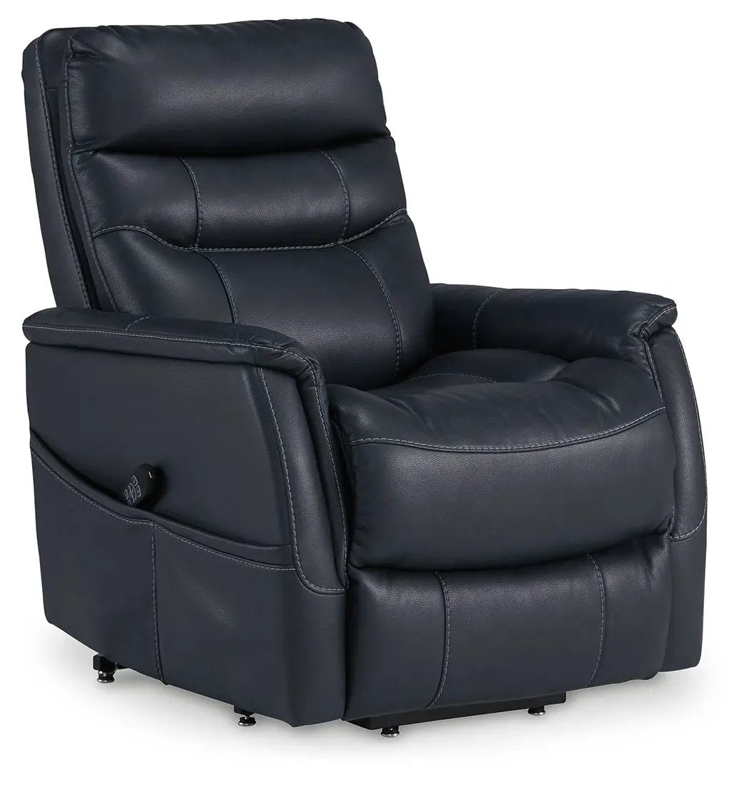 Strawbill power lift recliner dark blue leather with stitched seams and padded arms on Tampa Home & Garden Store