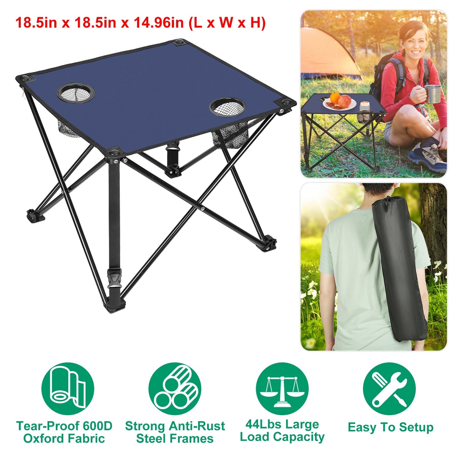 GemGear 2-piece foldable camping table blue top with 2 cup holders carrying bag on Tampa Home & Garden Store