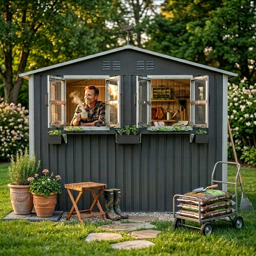 6x9 ft outdoor metal shed with window and flower rack, dark gray exterior, man at window on Tampa Home & Garden Store
