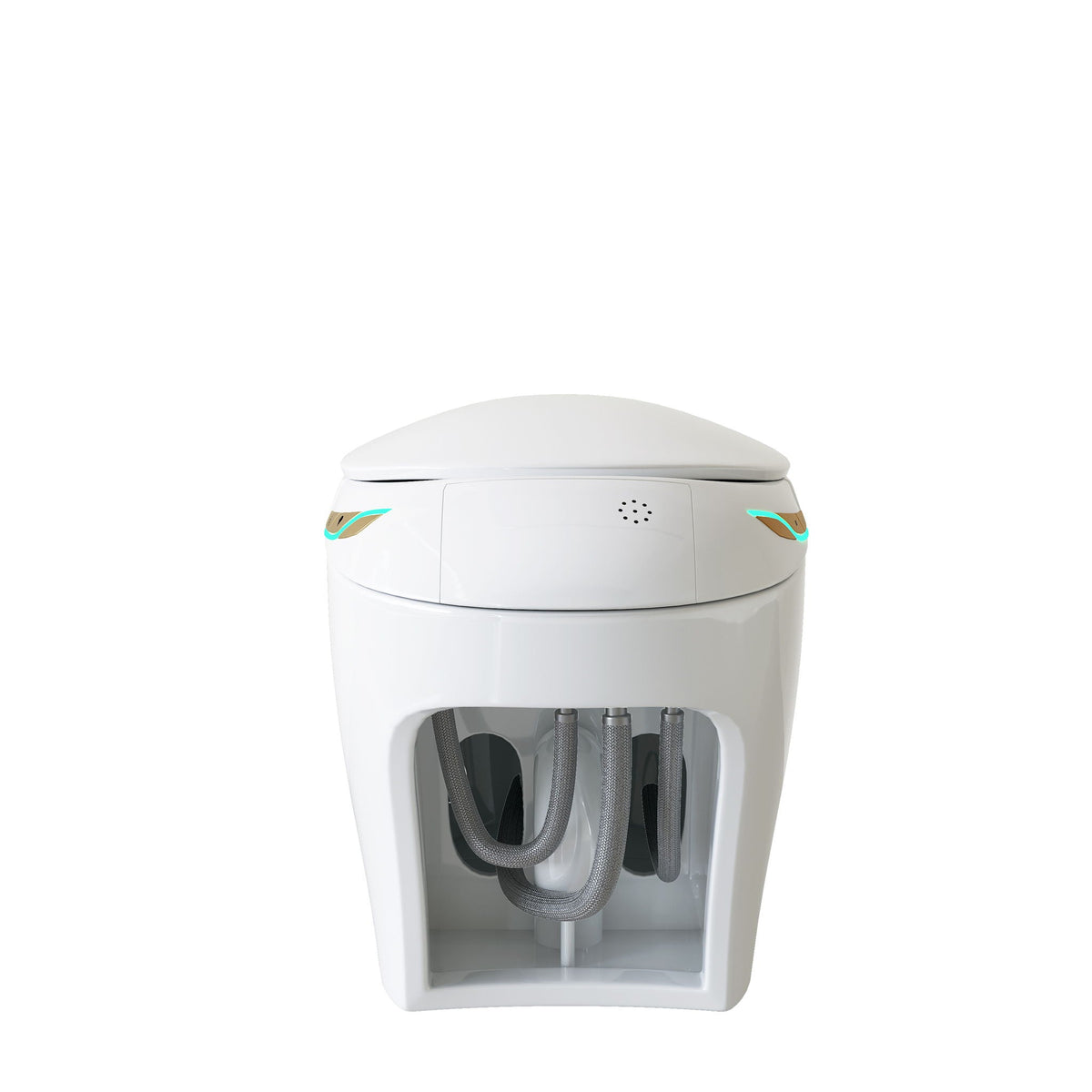 Smart toilet with ceramic bidet, white finish, open base reveals gray supply hoses on Tampa Home & Garden Store