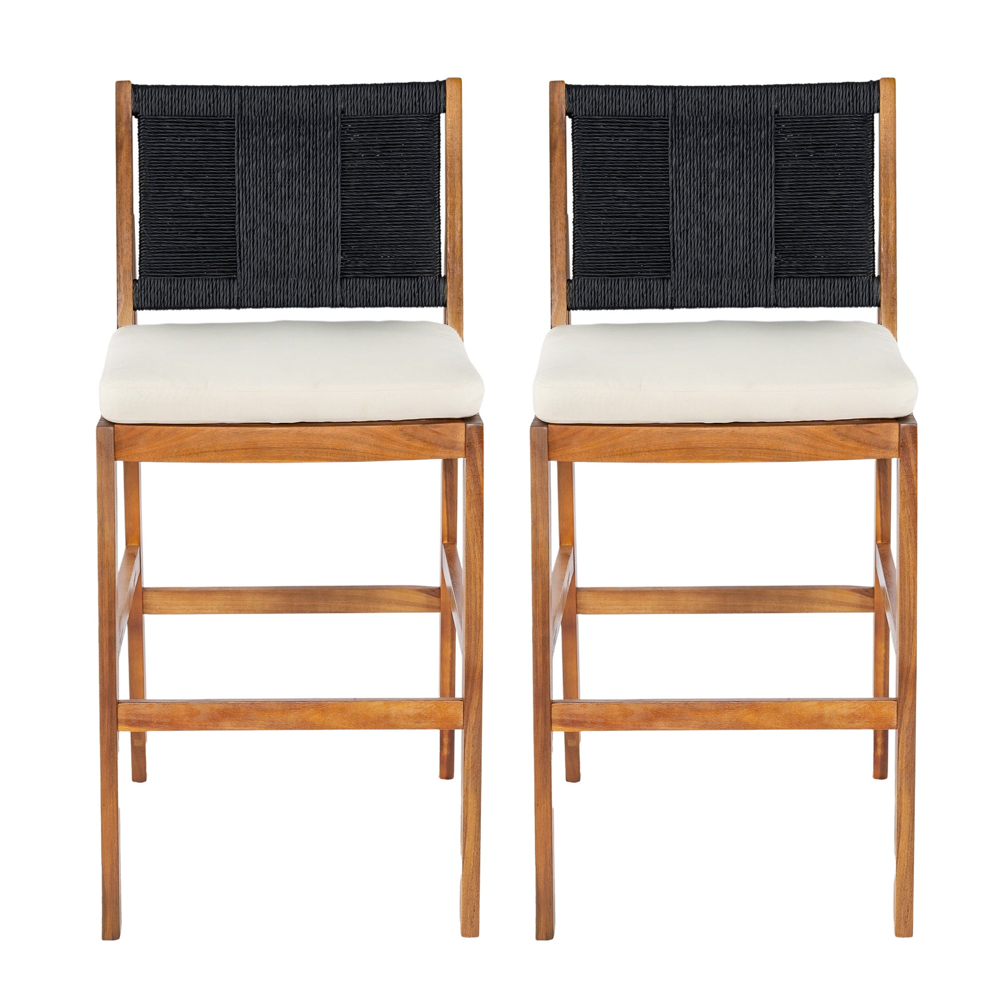 Outdoor Acacia Wood Bar Stools set of 2 with black woven backs and cream cushions on Tampa Home & Garden Store
