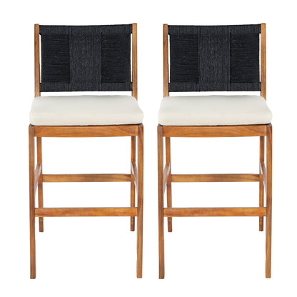 Outdoor Acacia Wood Bar Stools set of 2 with black woven backs and cream cushions on Tampa Home & Garden Store