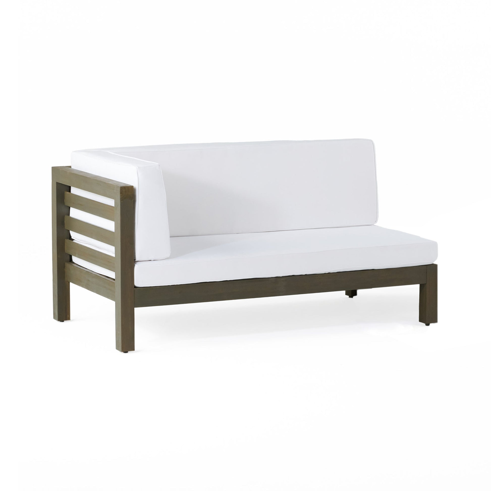OANA outdoor wooden sectional sofa with white cushions and slatted wood armrests on Tampa Home & Garden Store