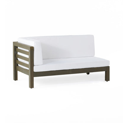 OANA outdoor wooden sectional sofa with white cushions and slatted wood armrests on Tampa Home & Garden Store