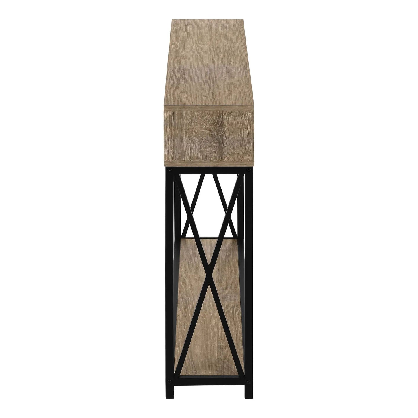 Accent console table for entryway with wood top, shelf and black metal crisscross frame on Tampa Home & Garden Store