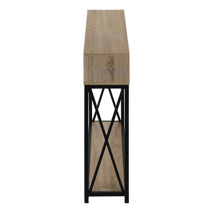 Accent console table for entryway with wood top, shelf and black metal crisscross frame on Tampa Home & Garden Store