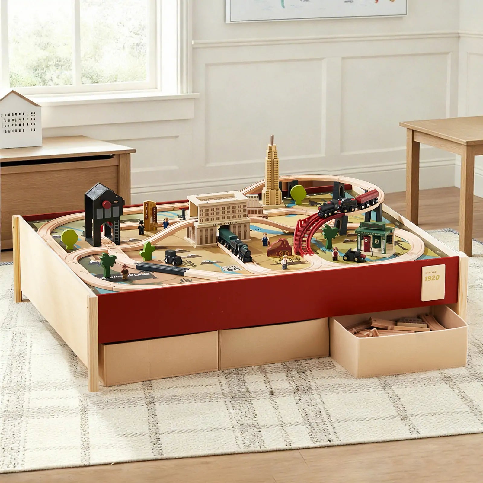 Tiny Land 1920 Railway Adventure Train Table with wooden tracks, bridges, and buildings on Tampa Home & Garden Store