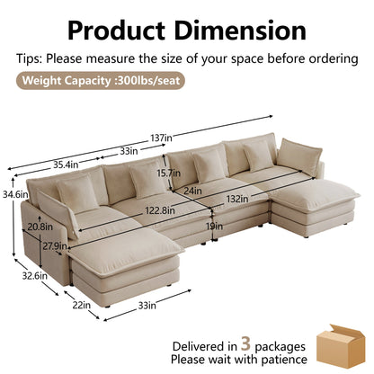Oversized U Shaped Sofa and Two Chenille Ottomans