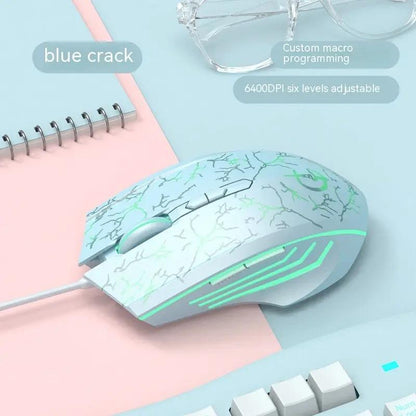 Laptop Esports wired gaming mouse with white cracked shell and neon teal lighting on Tampa Home & Garden Store