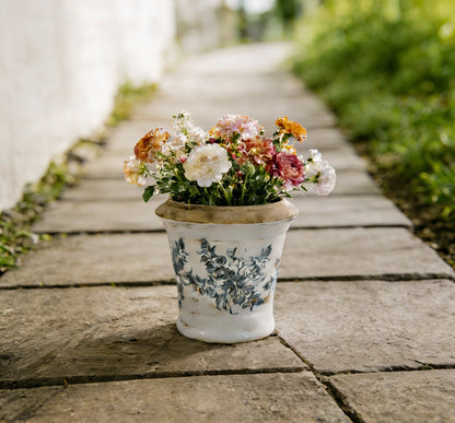 Ceramic planter with blue floral pattern, white finish, 7.1x7.1x6.7 in, HouseOfZazla on Tampa Home & Garden Store