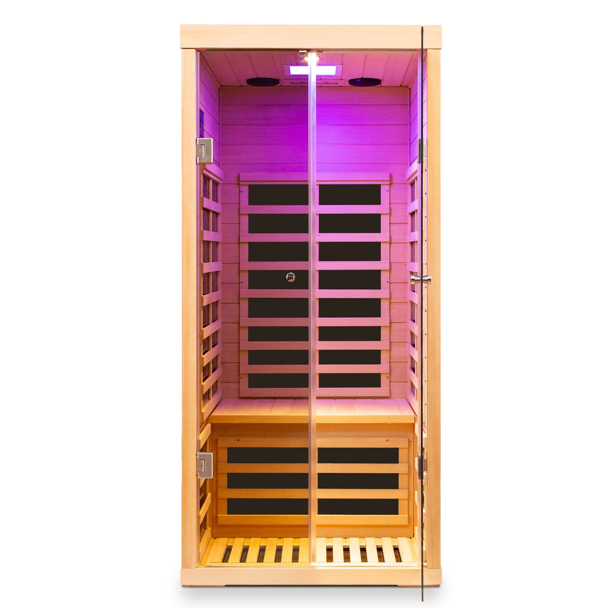 Low EMF infrared double sauna room in natural wood with Bluetooth and LED lighting on Tampa Home & Garden Store