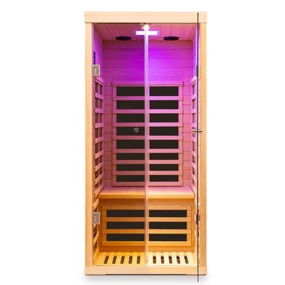 Low EMF infrared double sauna room in natural wood with Bluetooth and LED lighting on Tampa Home & Garden Store