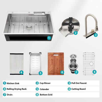 Brushed Waterfall Sink with Faucet and Cup Washer
