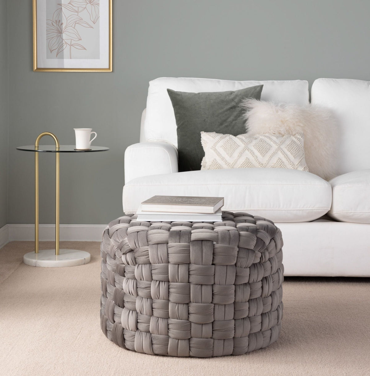 Braided round ottoman in gray fabric from HouseOfZazla on Tampa Home & Garden Store