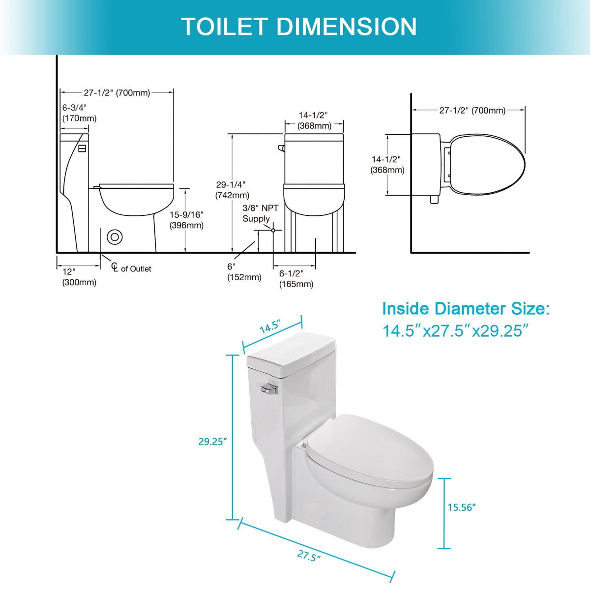 HouseOfZazla modern ceramic 1 Piece toilet with soft closing seat in white, dimension diagram on Tampa Home & Garden Store