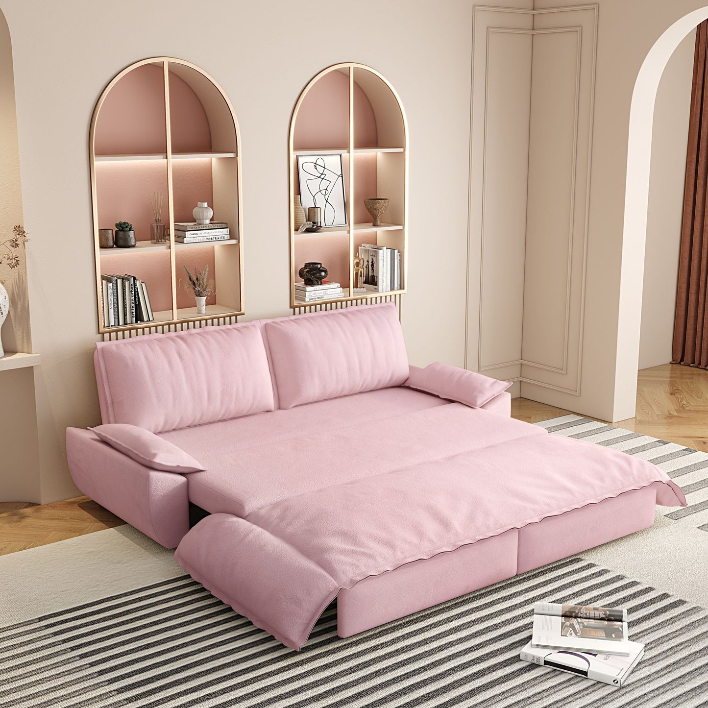 Queen pull-out sleeper sofa bed in blush pink upholstery with arch shelves HouseOfZazla on Tampa Home & Garden Store
