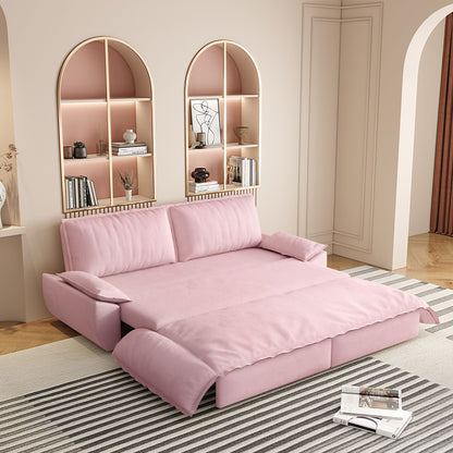 Queen pull-out sleeper sofa bed in blush pink upholstery with arch shelves HouseOfZazla on Tampa Home & Garden Store