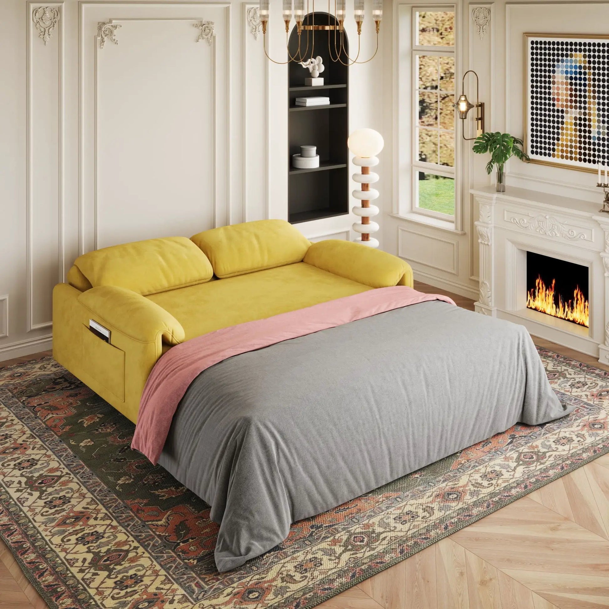 Sleeper sofa with retractable queen bed, yellow fabric upholstery, Unique Piece Furniture on Tampa Home & Garden Store