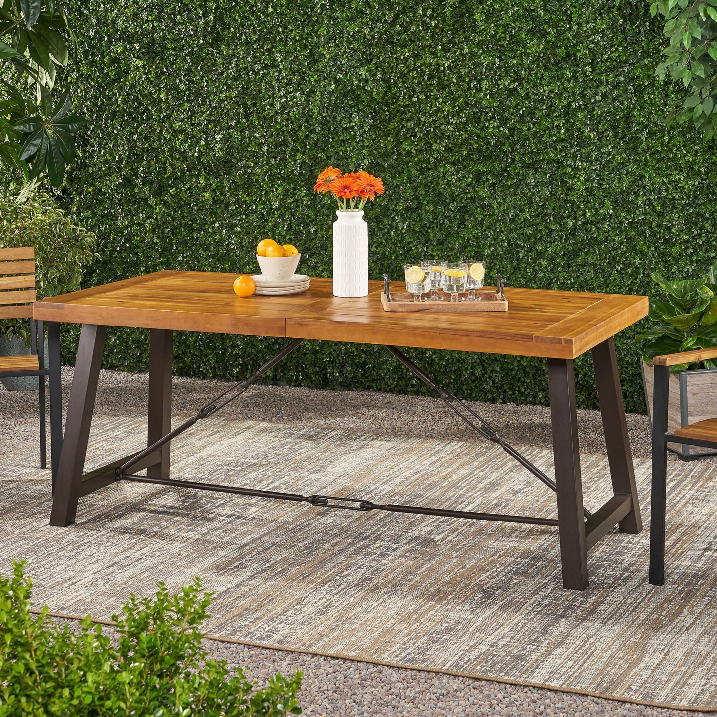 Acacia Wood Outdoor Dining Table And Iron Frame