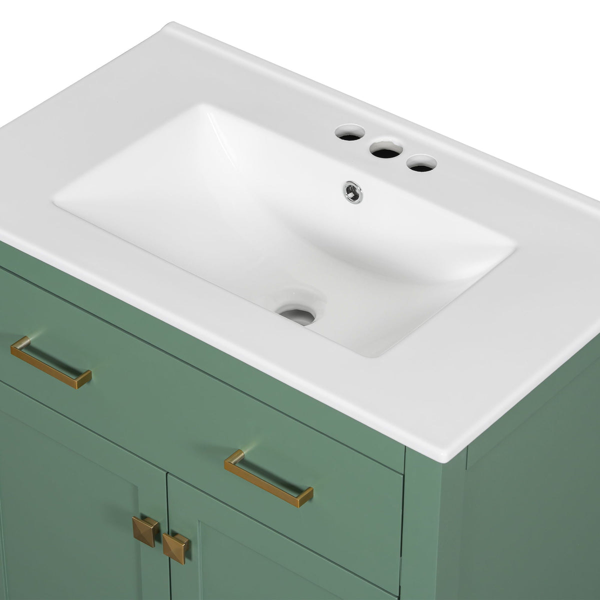 Modern bathroom vanity with ceramic sink in sage green, three faucet holes, gold handles on Tampa Home & Garden Store