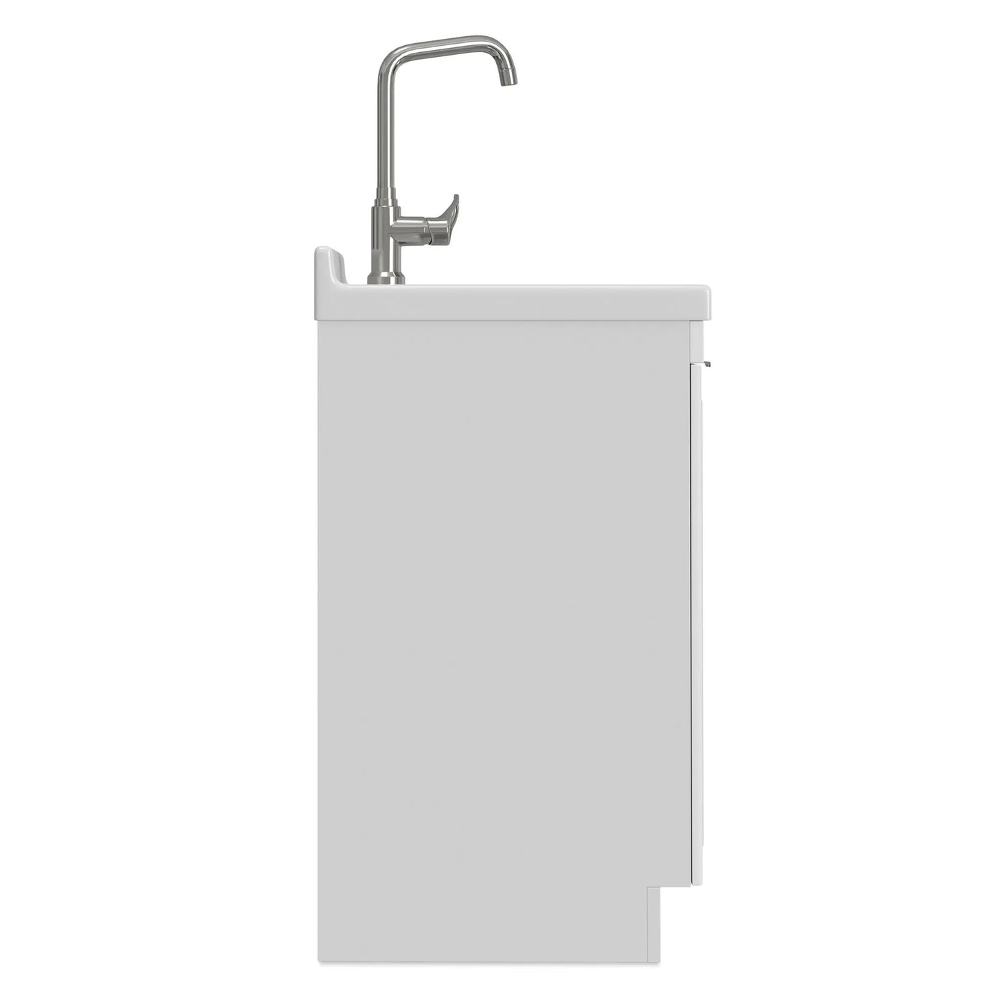 Murphy laundry cabinet faucet with tall stainless gooseneck spout over white vanity cabinet on Tampa Home & Garden Store