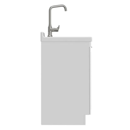 Murphy laundry cabinet faucet with tall stainless gooseneck spout over white vanity cabinet on Tampa Home & Garden Store