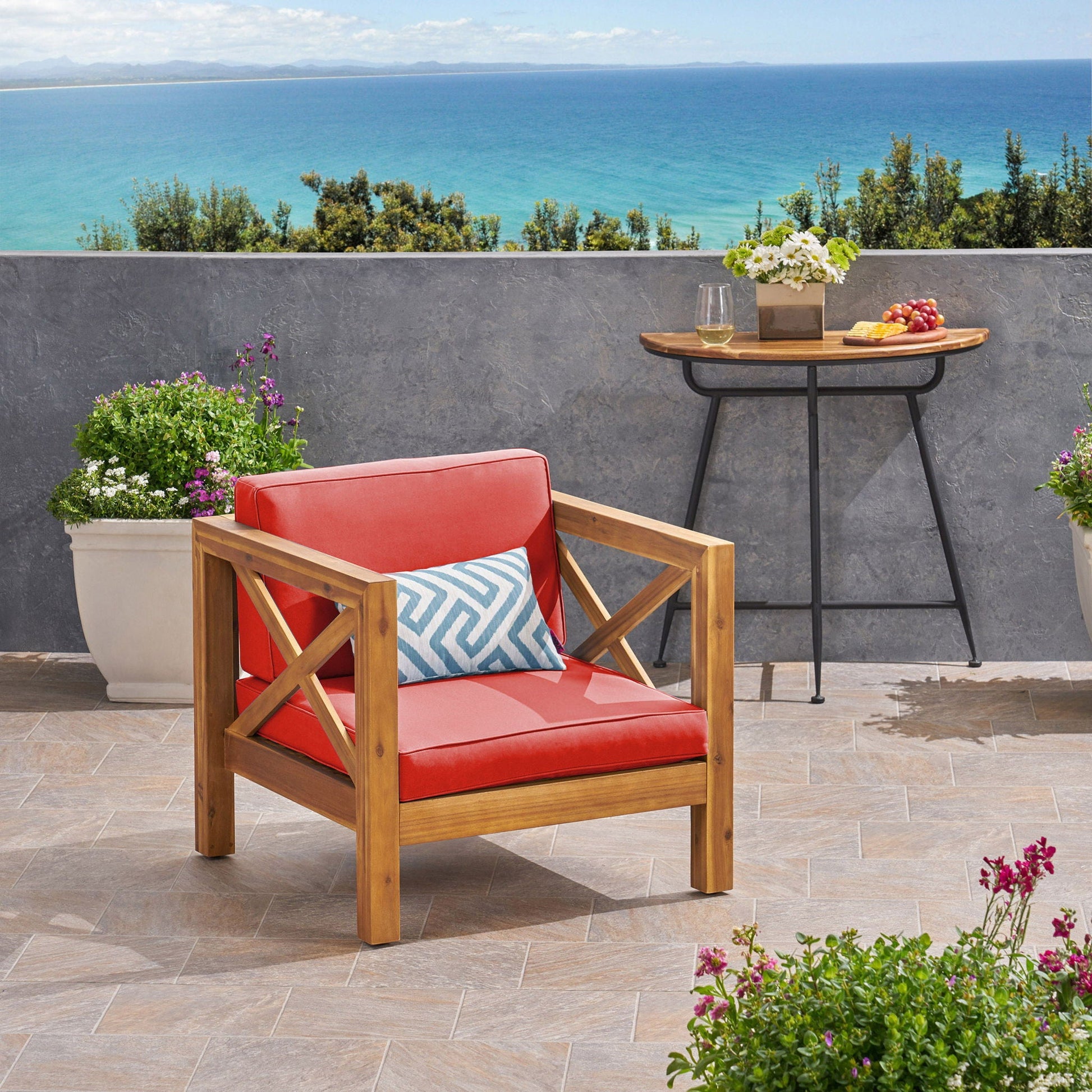 Brava Mid-Century Modern Club Chair outdoor red cushions, wooden frame HouseOfZazla on Tampa Home & Garden Store