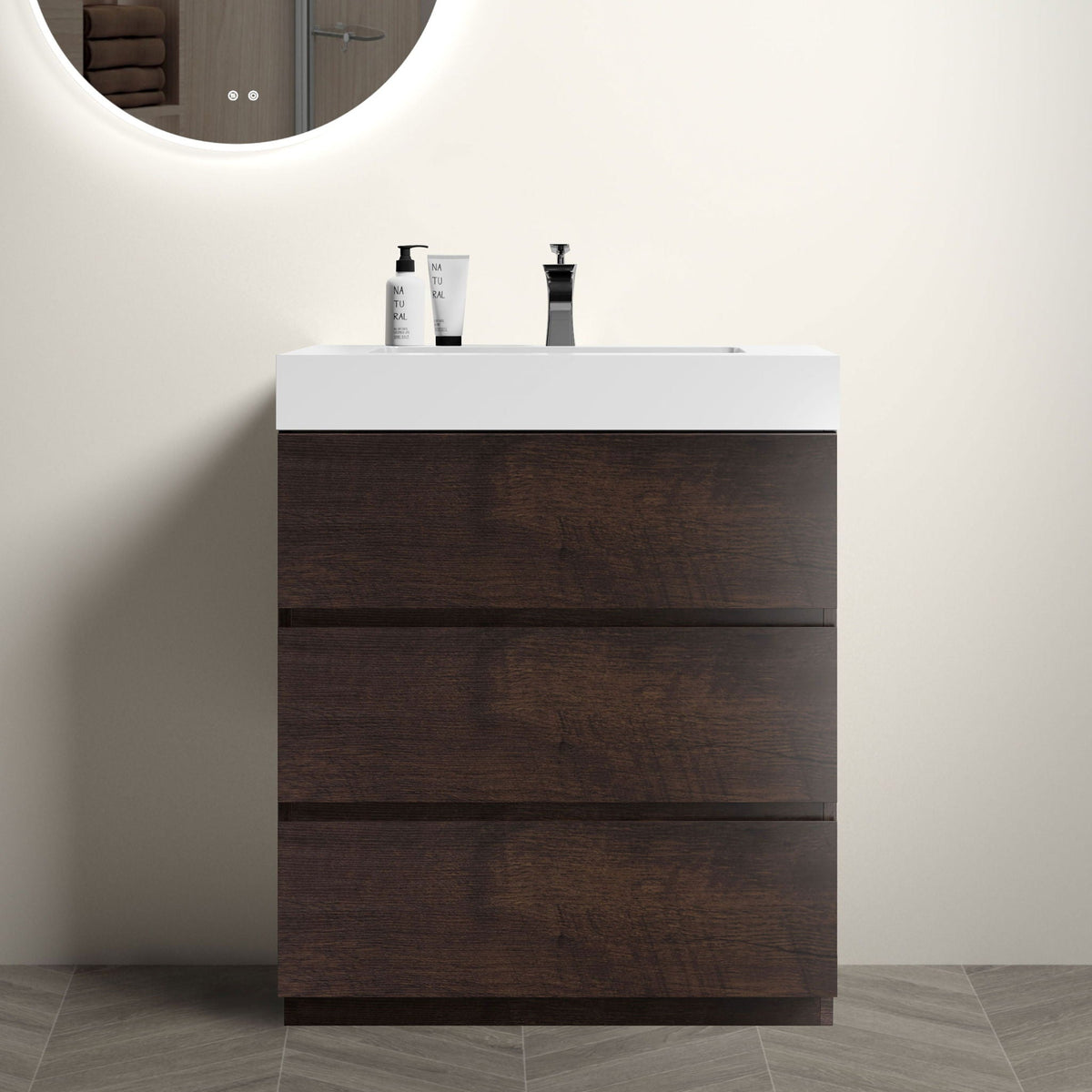 Alice bathroom vanity with white top and dark wood base, chrome faucet on countertop on Tampa Home & Garden Store