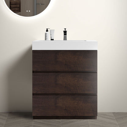Alice bathroom vanity with white top and dark wood base, chrome faucet on countertop on Tampa Home & Garden Store