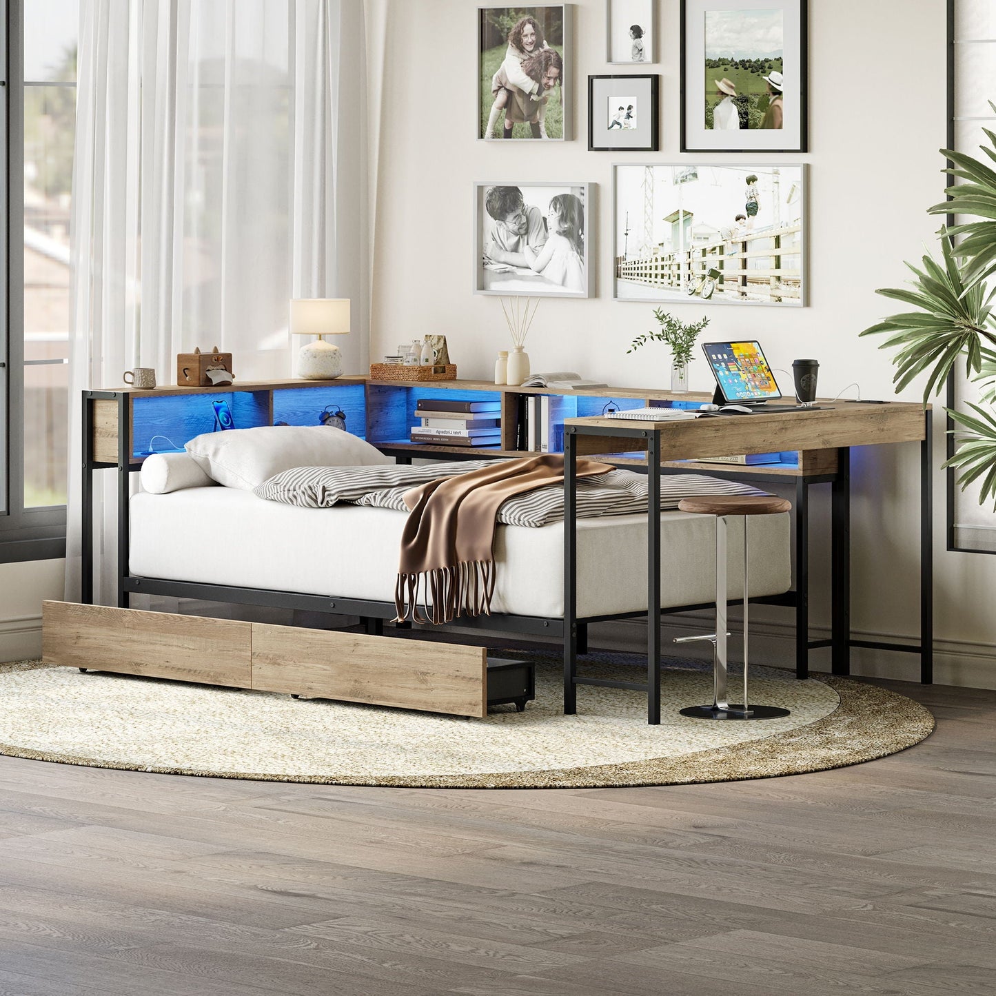 Corner twin bed frame in gray with open storage cubbies and metal-wood accents on Tampa Home & Garden Store