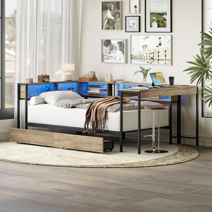 Corner twin bed frame in gray with open storage cubbies and metal-wood accents on Tampa Home & Garden Store