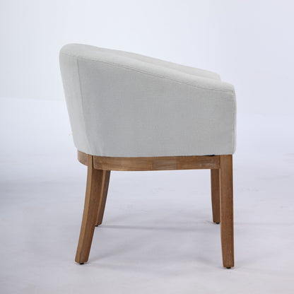 Mid Century Modern upholstered barrel dining chair with arms in fabric and wooden legs on Tampa Home & Garden Store
