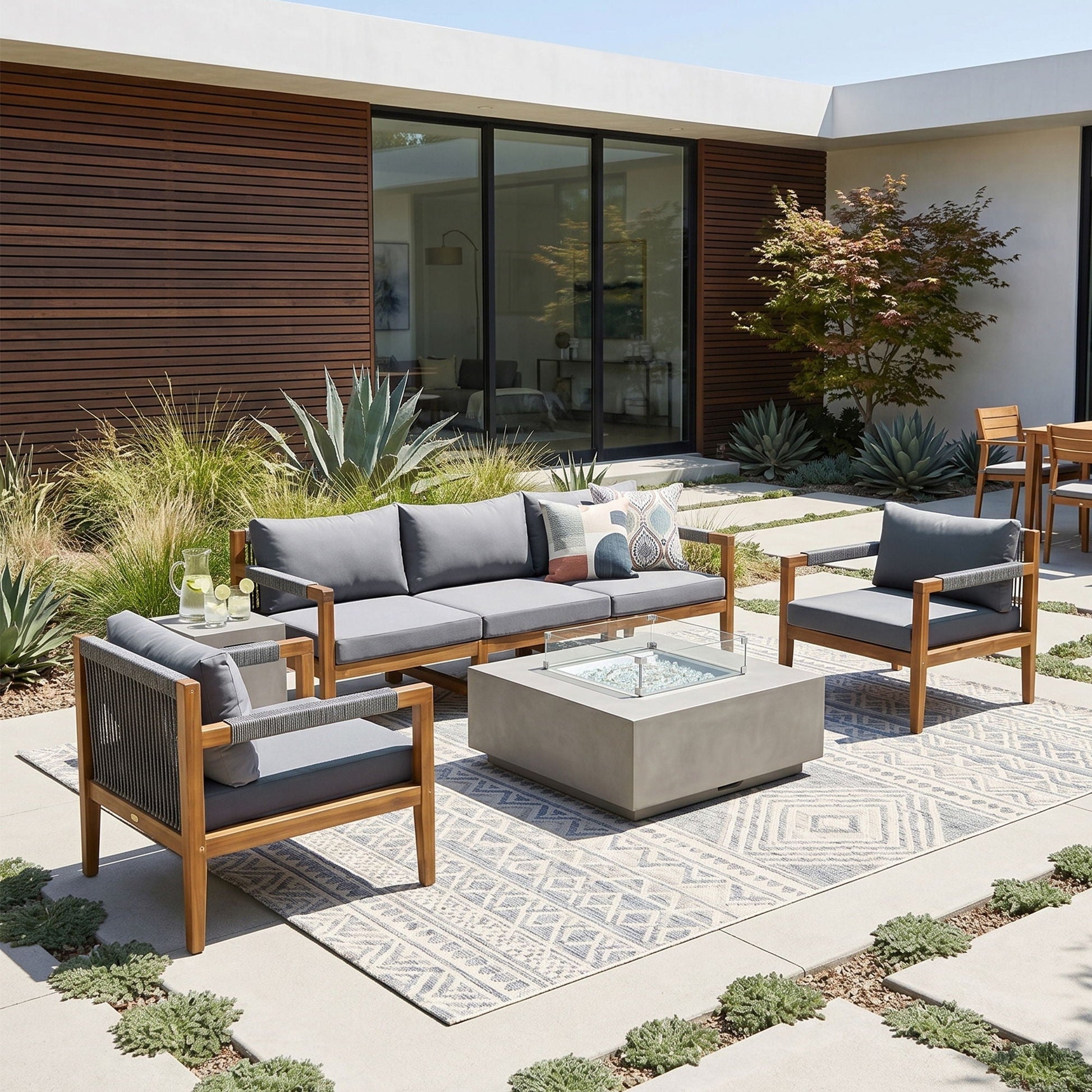 3 Piece Outdoor Sectional Sofa Set with grey cushions and wooden frame on a modern patio on Tampa Home & Garden Store