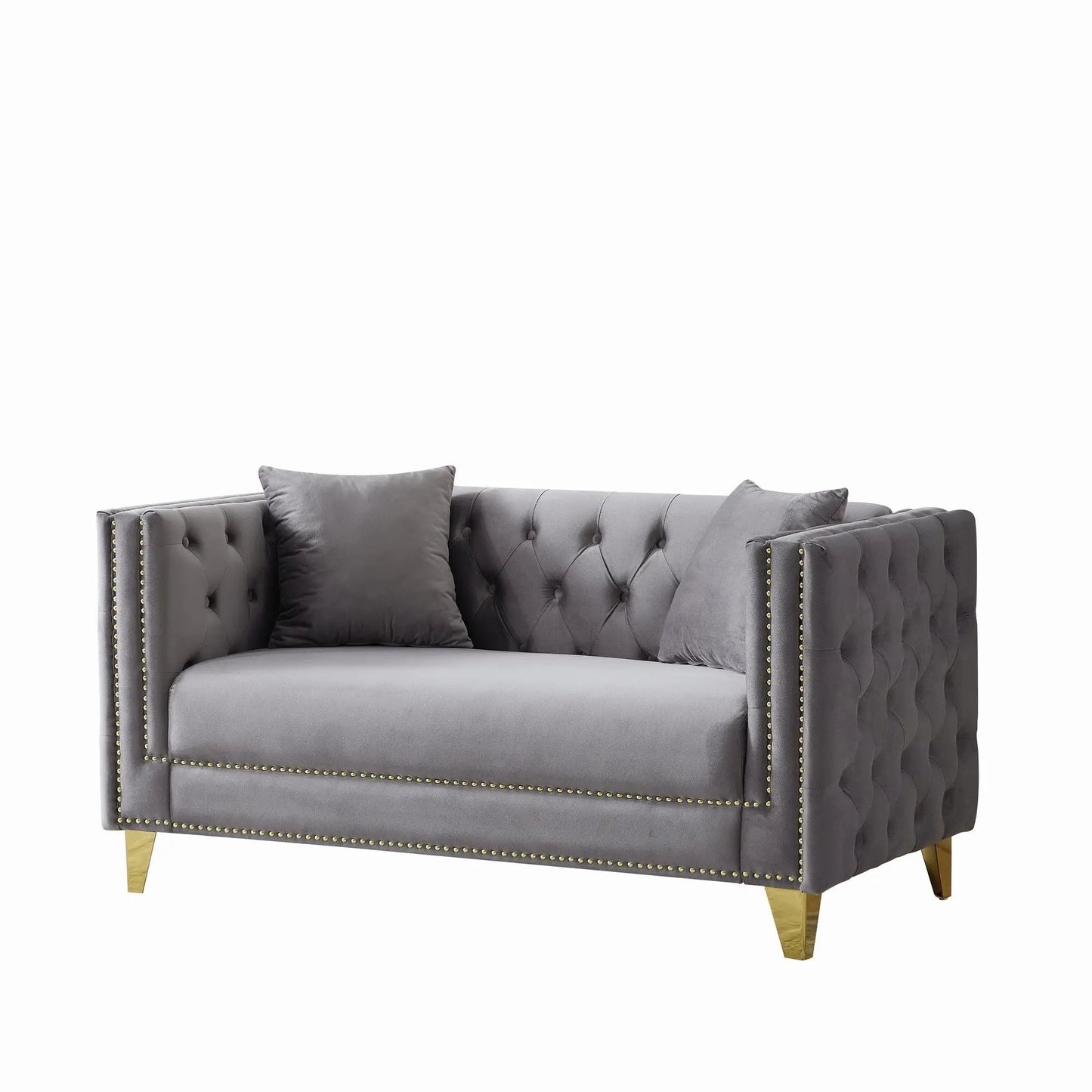 2 seater sofa in gray velvet with tufted back, button nailhead, square arms, gold legs on Tampa Home & Garden Store